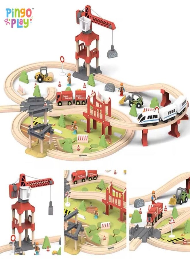Pingo Play Wooden Railway Train Track Set with Bullet Train, Cargo Trucks, Crane, Bridge & Workers | Large Pretend Play Railway Toy for Kids 3+ | Montessori Wooden City & Train Set (104 Pcs) - Image 3